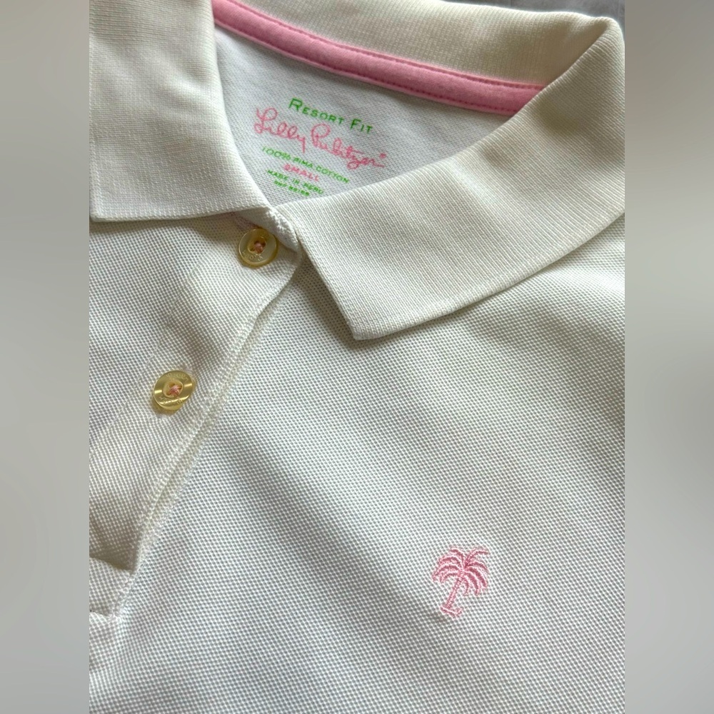 Lilly Pulitzer Resort White Pima Cotton EUC Polo Shirt SHORT Sleeve Size Small - Picture 4 of 7
